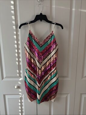 Express Sequin Chevron Mini Dress in Pink, Teal & Gold Size Medium New